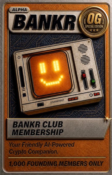This Alpha Bankr OG Special Edition card advertises the “Bankr Club Membership”—a retro‑styled AI crypto companion (the $BNKR Bot) limited to 1,000 founding members.