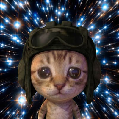 A digital illustration of an orange tabby kitten wearing a dark aviator-style helmet with goggles, set against a starry cosmic background with bright light streaks.