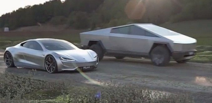 A silver sports car parked next to a silver Tesla Cybertruck on a grassy area at sunset.
