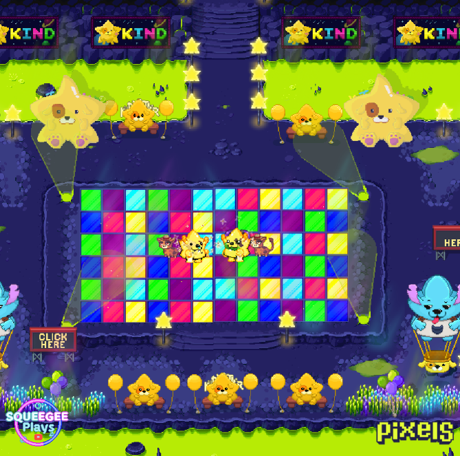 A pixel-art style video game screenshot showing a colorful grid board with star-shaped characters, 'KIND' banners, and 'SQUEEGEE PLAYS' watermark.