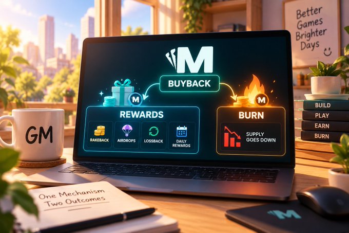A laptop screen shows a crypto/Web3 platform interface labeled "BUYBACK" with "REWARDS" and "BURN" sections featuring coins, airdrops, and supply reduction graphics, with a notebook reading "One Mechanism Two Outcomes."