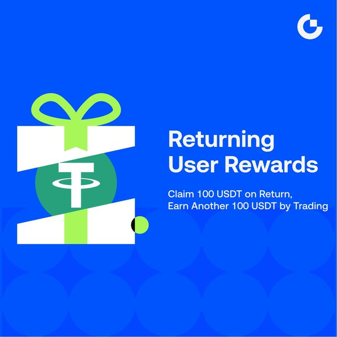 Blue promotional graphic featuring a gift box with a green ribbon and a USDT/Tether logo. Text reads: 'Returning User Rewards. Claim 100 USDT on Return, Earn Another 100 USDT by Trading.'