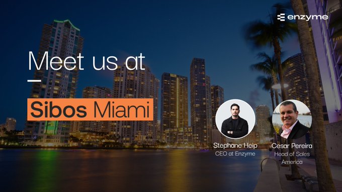 A promotional graphic for Enzyme announces 'Meet us at Sibos Miami', featuring headshots of CEO Stephane Hiep and Head of Sales Cesar Pereira against a Miami skyline.