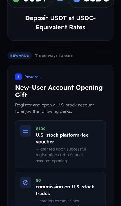 The image displays a promotional screen from Bit, highlighting a "Deposit USDT at USDC-Equivalent Rates" feature and listing a "New-User Account Opening Gift" that includes a $100 U.S. stock platform-fee voucher and $0 commission on U.S. stock trades for registered users. It visually supports the post's claim that Bit streamlines the transition from crypto to U.S. stock trading by accepting USDT deposits at favorable USDC-equivalent rates, aligning with the new-user perks advertised.