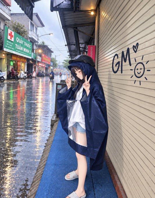 A photo of a person in a dark blue rain poncho posing with peace signs on a wet street in Vietnam, with a closed storefront displaying 'GM' doodles and a sign for 'QUẦY THUỐC TUẤN MINH 3' in the background.