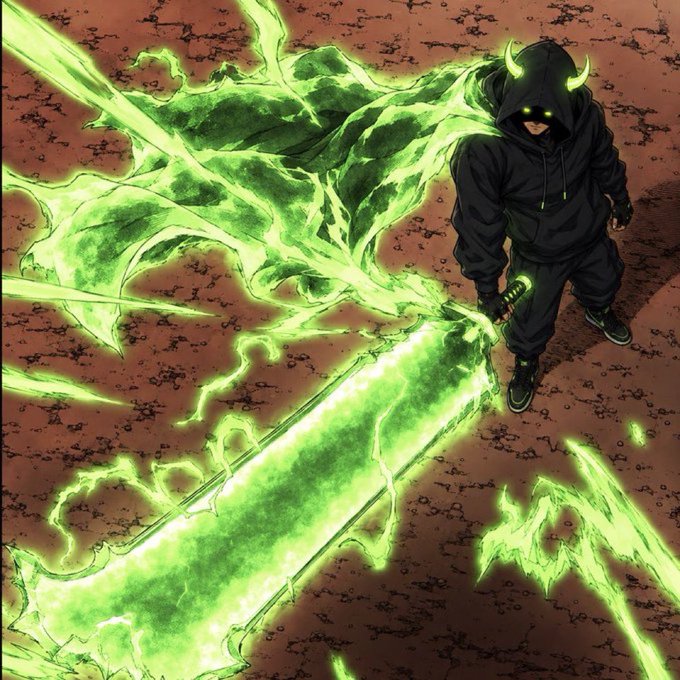An anime-style illustration of a character in a black hooded tracksuit holding a large sword that is emitting green energy.