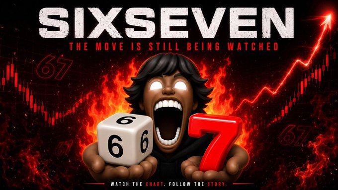A fierce, flame-emblazoned YouTube-style thumbnail titled "SIXSEVEN — THE MOVE IS STILL BEING WATCHED" shows a wide-mouthed, glowing-eyed character holding a die showing "6" and a red "7," set against a soaring red candlestick chart. It visually reinforces the post's point that $SIXSEVEN (trading ~$0.03192, new ATH $0.03259) has reached the critical "can it hold?" moment of its rally.