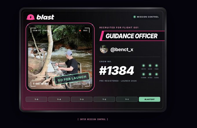 A digital interface for "blast" showing a "MISSION CONTROL" panel where a user named @benct_x has been recruited as "GUIDANCE OFFICER" (Crew No. 1384) for Flight 001 Launch 2025.