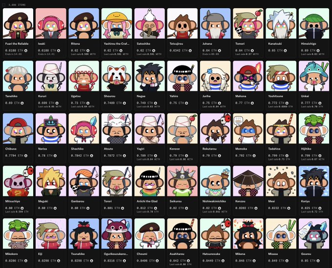 A grid displaying various cartoon monkey NFT characters, each labeled with a name and price in ETH, including characters like Fumi the Refiable and Imaki.