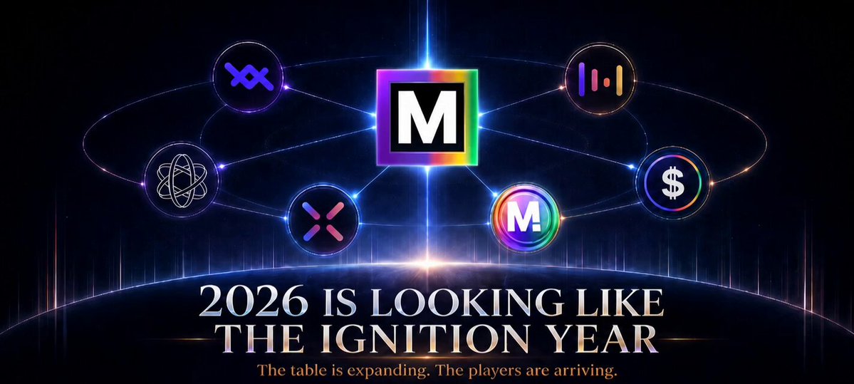 The image features a poster with a blue background that says "2026 is looking like the ignition year." The poster includes various icons related to the concept of an "ignition year" such as a network, @XPRNetwork,LOAN_Protocol, @metalL2, @metalblockchain, and @metalXapp. These icons are arranged in a circular pattern around the main text, which emphasizes the idea that the ignition year is approaching. The poster also includes some text that provides context for the concept of an "ignition year" by referencing the expanding table and the players arriving at it.