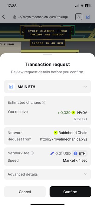 A mobile screenshot of a cryptocurrency transaction request showing a transfer of +0.029 NVDA ($6.16 USD) on the Robinhood Chain network, with a 0.01 USD network fee and a banner indicating a closed payout cycle.