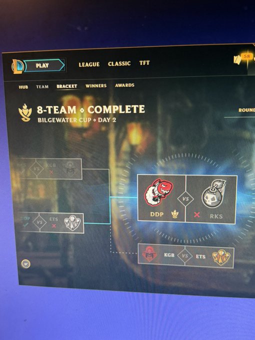 A screenshot of a League of Legends tournament bracket showing the "8-TEAM COMPLETE BILGEWATER CUP DAY 2," highlighting a match between DDP and RKS, likely featuring Sam Bankman-Fried (SBF) playing under the RKS tag. The image serves as visual evidence to support the poster's claim of outperforming the disgraced FTX founder in a League of Legends tournament.