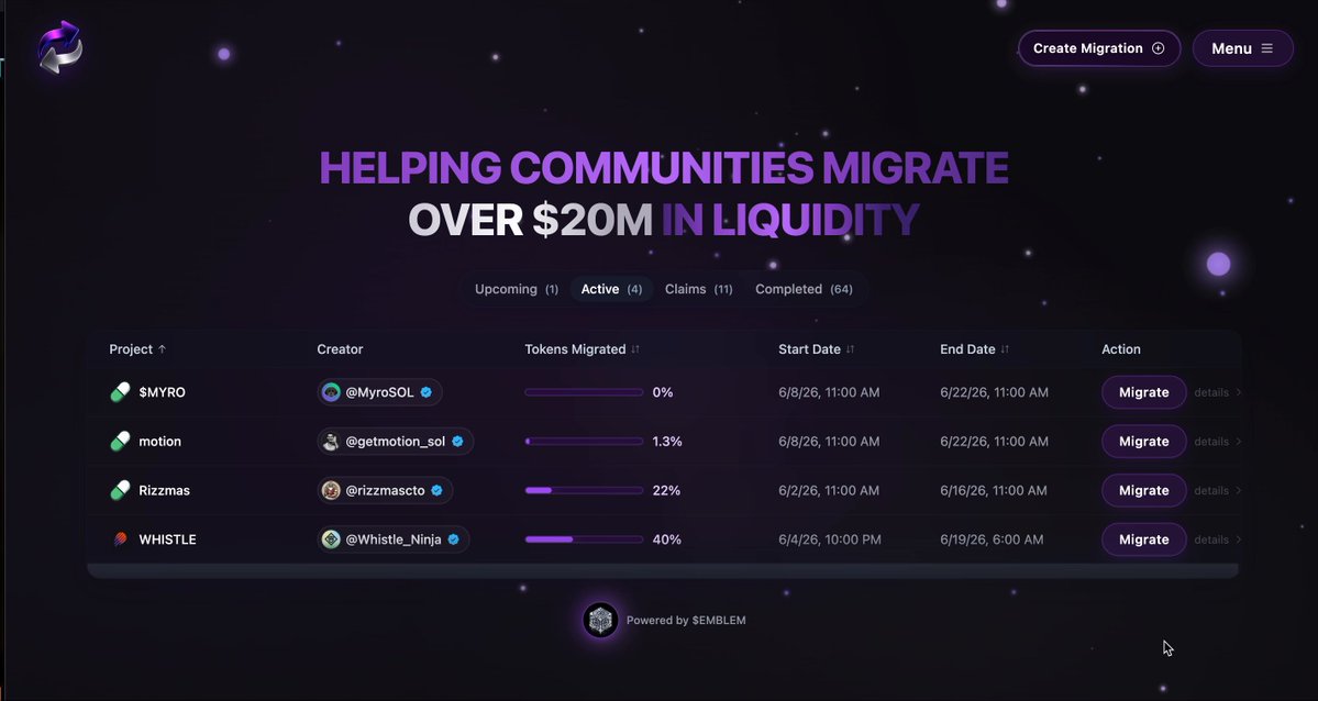 The image shows an infographic or a graphic displaying information about migration. The graphics show two clocks, one for migrating over $20m into liquid (the first clock) and another one showing time-sensitive transactions. There are different icons representing various actions that can be taken during the migration process such as buying, selling, selling shares, and others related to liquid migrations in the financial space. The image features the phrase "Helping communities migrate over $20m" written at the top of the infographic, indicating an effort to assist community members in this endeavor.