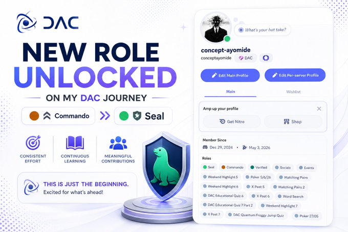 A celebratory graphic announcing 'NEW ROLE UNLOCKED ON MY DAC JOURNEY' from Commando to Seal, displayed alongside a user profile for 'concept-ayomide' showing various achievements and roles.