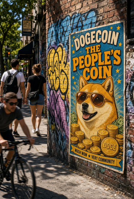 A vibrant street mural on a brick wall advertising 'DOGECOIN THE PEOPLE'S COIN' featuring a Shiba Inu wearing sunglasses surrounded by gold coins, with text 'MUCH WOW ★ VERY COMMUNITY', while pedestrians and a cyclist pass by.
