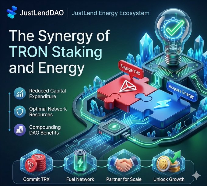 The image features an illustration of a power grid made out of LEGO blocks with a light bulb at the top center. The background depicts the energy system industry, specifically focusing on energy transfer and cryptocurrency. The title of the post is "JustLendDAO: The Synergy of TRON Staking and Energy". Below the main image, there are three bullet points providing information about the energy system and the power grid made out of LEGO blocks with a light bulb as its focal point.