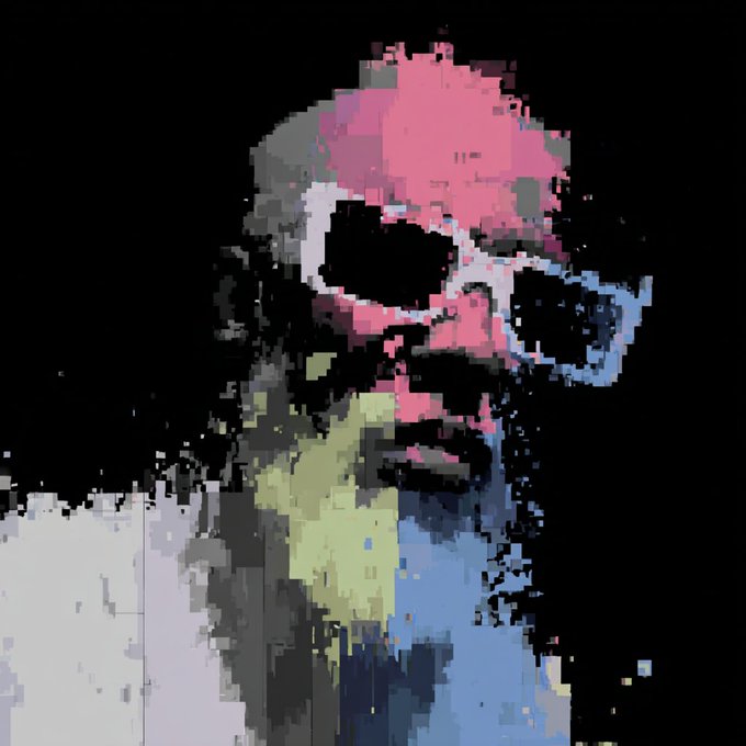A heavily distorted, glitch-style portrait of a man with a pink hat and sunglasses, matching the post's casual "Gm" Sunday greeting from London, where the user shares updates about catching up with family and growing their position to 150.