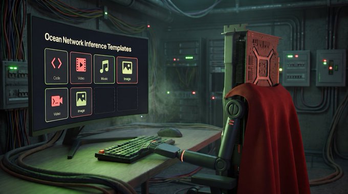 A sci-fi themed room features a monitor displaying 'Ocean Network Inference Templates' with icons for Code, Video, Music, and Image, next to a seated figure draped in a red cape.