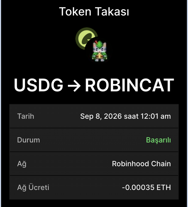 A transaction confirmation screen showing a successful token exchange of USDG to ROBINCAT dated Sep 8, 2026, on the Robinhood Chain, with a network fee of -0.00035 ETH.