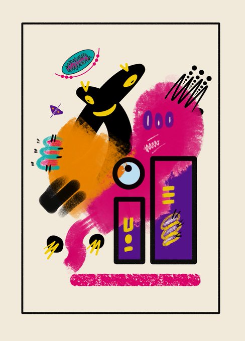 The image features a poster with a vibrant design that includes various shapes and colors such as circles, squares, and lines. The poster has a pink background with purple and orange elements, creating an eye-catching contrast. There are also some black and yellow accents in the design. The poster is titled "Kinetic Neon" and it says "Thank you for grabbing an edition @EyreSofia, I appreciate it → Kinetic Neon → 7 tezos". The post has a link to the original image on its right side, which provides more information about the artwork.