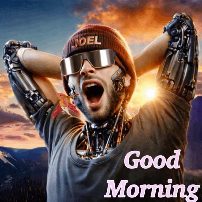 A digital artwork features a man with a robotic body wearing a beanie labeled 'JOEL', futuristic visor, and mechanical arms raised behind his head, set against a sunset landscape with 'Good Morning' written in pink text.