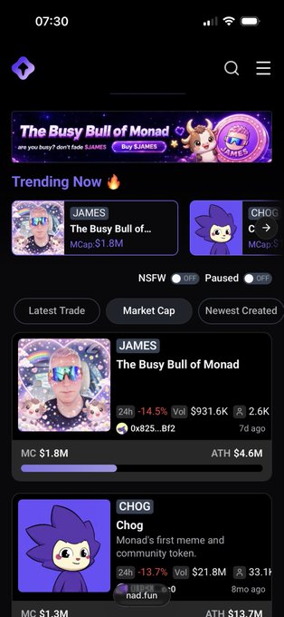 A screenshot of a cryptocurrency app showing trending tokens on the Monad blockchain, featuring 'The Busy Bull of Monad' (JAMES) with MC $1.8M and 'Chog' with MC $1.3M.
