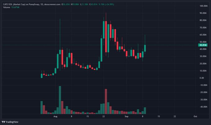 A TradingView candlestick chart for the CATS/USDT pair on PumpSwap, showing a price of 45.81M and a 24-hour change of +24.99%.