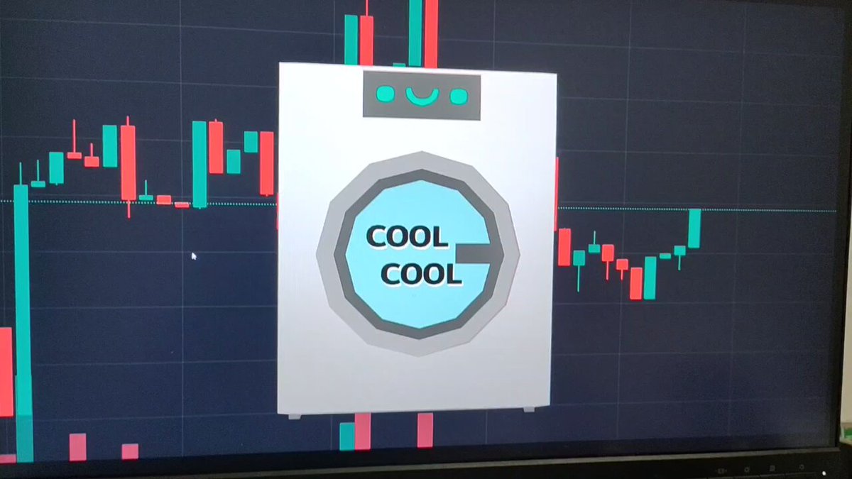 The image shows a computer screen with a stock chart and an animated white and green "Cool" logo displaying the phrase "I let an AI Washing Machine take over my code." The text suggests that this machine can perform trades directly through the Solana network, potentially taking advantage of large buy orders or selling when paper hands are available. It has already purchased $10,000 worth of a stock named "Paper Hands," showing its ability to adapt and respond to market conditions by following instructions given in code written on the screen.
