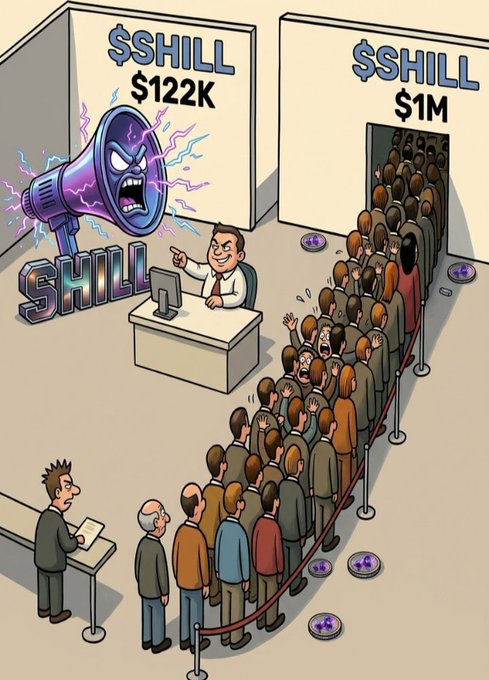 A cartoon illustration comparing a $122K SHILL with a giant angry megaphone on the left versus a $1M SHILL on the right, where a long line of people rushes toward the $1M door while only one person waits at the $122K booth.