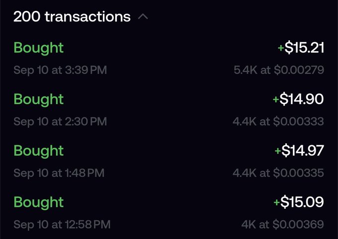 A transaction history screen showing 4 'Bought' entries totaling small dollar amounts ranging from +$14.90 to +$15.21 on Sep 10, with quantities of 4K-5.4K at fractional cent prices.