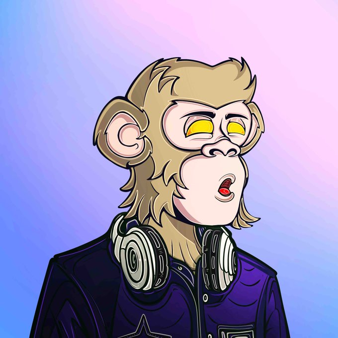 A cartoon monkey with yellow eyes and a surprised expression wears a purple jacket with headphones around its neck, set against a purple-pink gradient background. The image aligns with the "PRIMAL #2410" NFT collection reference, depicting a stylized primate character typical of that series' aesthetic.