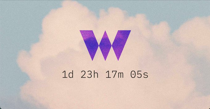 A countdown timer set against a dreamy pink cloud backdrop displays "1d 23h 17m 05s" remaining beneath a purple "W" logo, suggesting an upcoming token generation event (TGE) for Ethos XP, with the post speculating on the unlocking mechanics for distributed tokens.