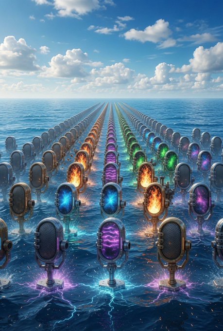 A surreal digital artwork showing rows of vintage microphones emerging from the ocean, displaying colorful glowing energy patterns in blue, orange, green, and purple under a cloudy sky.