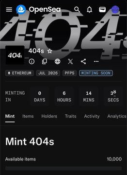 A screenshot of an OpenSea NFT collection page titled '404s' on the Ethereum blockchain, showing a countdown of 6 days, 14 hours, and 38 minutes until minting, with 10,000 available items.