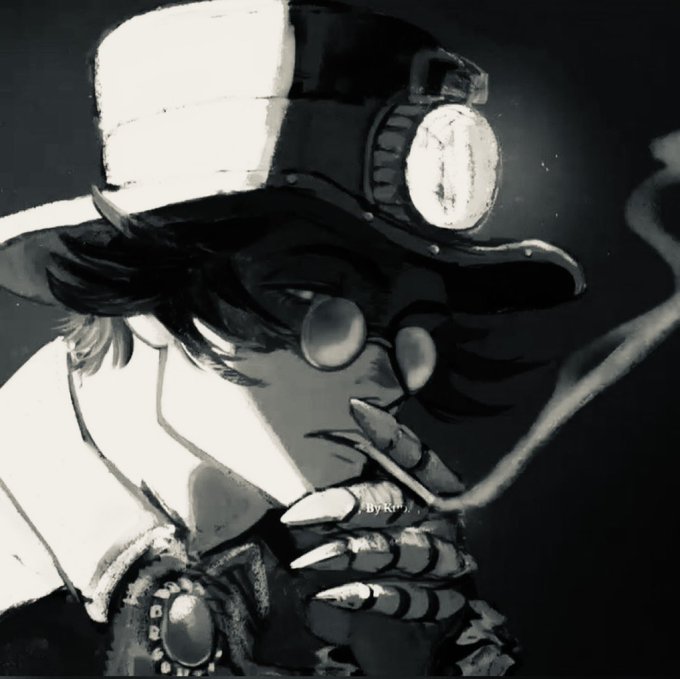 A black-and-white digital painting of a character with a scarred face, wearing a top hat with a light, round glasses, and smoking a cigarette, with the text "By: Rin" visible.