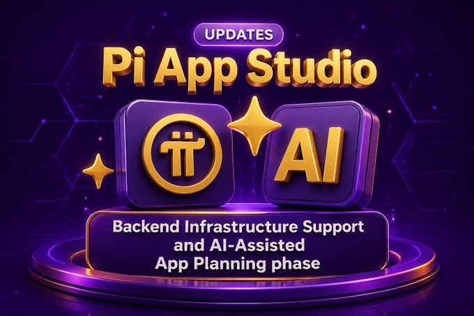 The image displays a promotional graphic for the "Pi App Studio" update, featuring the Pi cryptocurrency logo (π) and "AI" displayed as golden 3D icons on a purple platform, with text announcing "UPDATES" and "Backend Infrastructure Support and AI-Assisted App Planning phase." The visual reinforces the post's announcement by highlighting the new AI-assisted and backend support features available in the Pi App Studio update.