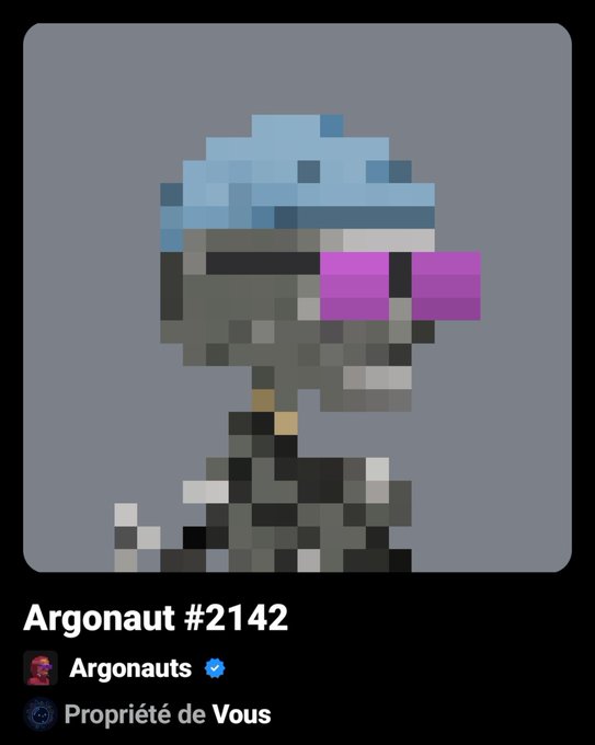 An NFT named "Argonaut #2142" from the Argonauts collection owned by "Propriété de Vous," depicting a pixel skeleton wearing a blue bandana and pink sunglasses.