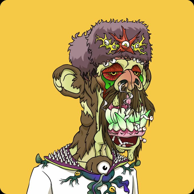 A cartoon illustration of a grotesque, zombie-like character with a fur hat adorned with eyes, long hair, and a wide mouth full of teeth, set against a yellow background.