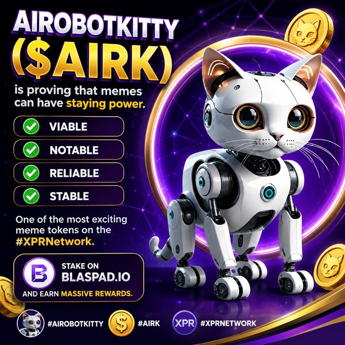 The image features a white cat robot with green eyes, standing on four legs and looking directly at the camera. The background of the image is purple, which complements the white cat robot nicely. Below the cat robot, there are three gold coins placed in a circular pattern around it. The text above the cat robot reads "AIROBOTKITTY (€AIRK) is proving that memes can have staying power." This statement suggests that the cat robot and its design might be appealing to others due to their unique appearance or functionality.