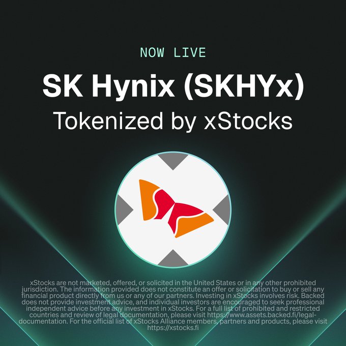 A promotional graphic announcing "SK Hynix (SKHYx) Tokenized by xStocks" is now live, featuring the xStocks logo on a dark background with the post's text celebrating SKHYx's launch on Solana and immediate availability in users' wallets.