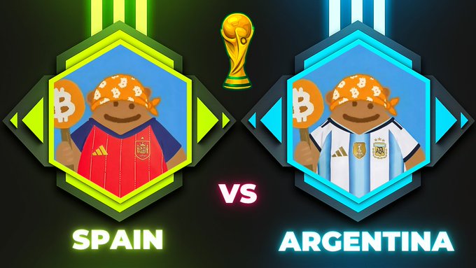 Game-style versus screen showing Spain vs Argentina in a World Cup themed competition, with character figures wearing each country's jersey and holding Bitcoin symbols.