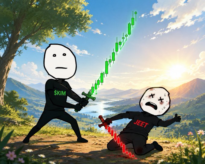 In this image, a character representing $KIM stands victorious with a green, upward-trending stock chart sword, while a defeated character labeled "JEET" lies on the ground with a red, downward-trending stock chart sword. This visual directly supports the post's narrative of $KIM's success against "JEET" or its opponents.