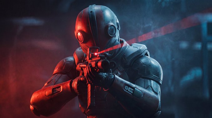 A cinematic depiction of a futuristic soldier or cyborg in dark armor with glowing red optical sensors, aiming a weapon in a red-lit atmospheric environment.