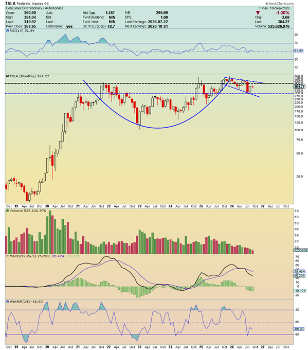 A monthly stock chart for TSLA (Tesla Inc) showing a Rounding Bottom pattern with descending trendlines, accompanied by RSI, volume, MACD, and Williams %R indicators, last price 364.27.