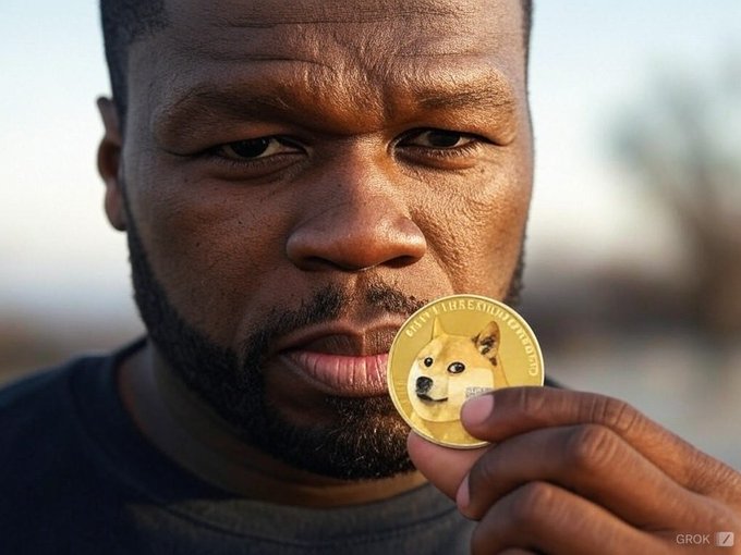 A man intently holds up a gold Dogecoin coin featuring the iconic Shiba Inu dog, his serious expression capturing the urgency of the moment. The image reinforces the post's bullish sentiment, visually symbolizing Dogecoin's potential rapid surge past $0.50.