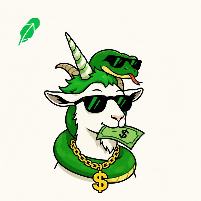 A cartoon illustration of a white goat with a green snake coiled around its neck, both wearing black sunglasses, with the snake holding a dollar bill in its mouth and a gold dollar-sign chain around the goat's neck.