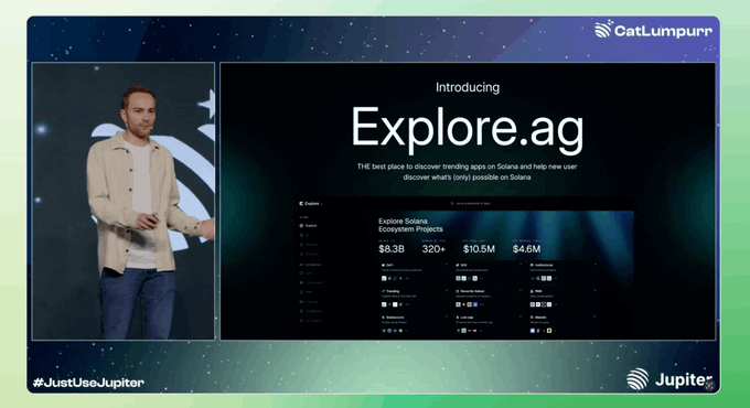 A presenter on stage introduces "Explore.ag," described as "THE best place to discover trending apps on Solana and help new user discover what's (new) possible on Solana," with the dashboard showing $8.3B in Solana Ecosystem Projects, 320+, $10.5M, and $4.6M metrics—suggesting it is a now-defunct Jupiter exchange aggregator tool that was taken down, as referenced in the post.