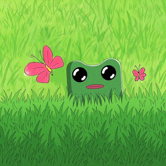 A digital illustration of a green cartoon character with large eyes peeking out from tall grass, accompanied by two pink butterflies.