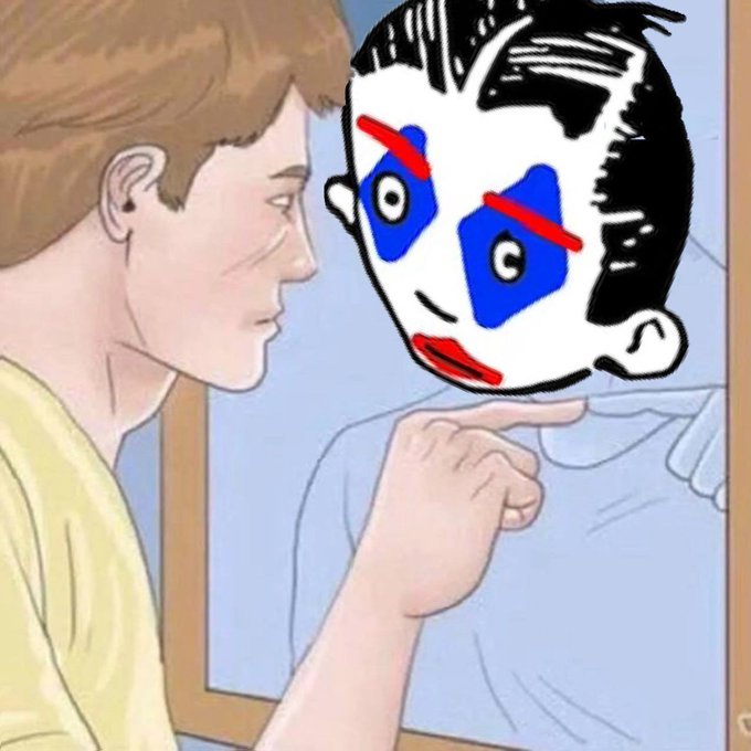 An illustration of a man pointing at his reflection in a mirror, with the reflection's face crudely drawn with crude blue and red facial features in a contrasting art style.