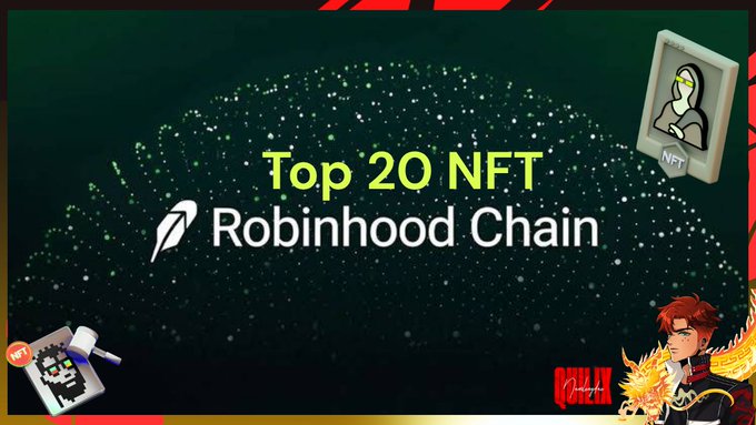A dark green promotional graphic titled "Top 20 NFT Robinhood Chain" featuring a hooded NFT monk character in the top right corner, a pixel art NFT icon in the bottom left, and a "RobinHub" branded character with wings in the bottom right, all serving as visual branding for a post highlighting potential NFT projects on the Robinhood Chain blockchain.